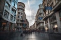 Kneza Mihailova street at dawn, crowded. Also known as Knez Mihaila, this is the main pedestrian street of the city