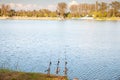 Panorama of bela crkva lakes at dusk with calm water, fishing rods and sunny sky. Also called Belocrkvanska jezera, they are