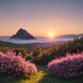 a picture of a landscape with pink rhododendron flowers and a colorful sky.