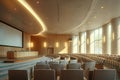 Picture a large, spacious lecture hall with rows of comfortable chairs and an overhead projector screen for showcasing power Royalty Free Stock Photo