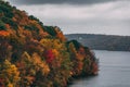 View of the leaves changing on the side of Croton River in New York