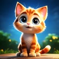 A vibrant colorful 3D cartoon kitten in sitting position with big round eyes