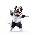 Lovely bulldog dancing on white background