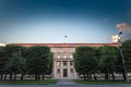 facade of the Latvijas Republikas Ministru kabinets, also called the latvian cainet of ministers, in Riga, at dusk. it\'s the