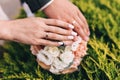 Picture of man and woman with wedding ring. Newly wed couple`s hands with wedding rings Royalty Free Stock Photo