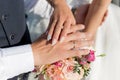 Picture of man and woman with wedding ring.Young married couple holding hands, ceremony wedding day. Newly wed couple`s hands wit