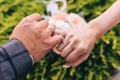 Picture of man and woman with wedding ring.Young married couple holding hands, ceremony wedding day. Newly wed couple`s hands wit