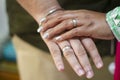 Picture of man and woman with wedding ring.Young married couple holding hands, ceremony wedding day. Newly wed couple`s hands wit Royalty Free Stock Photo