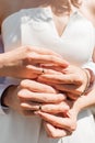 Picture of man and woman with wedding ring.Young married couple holding hands, ceremony wedding day. Newly wed Royalty Free Stock Photo