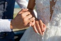 Picture of man and woman with wedding ring.Young married couple holding hands, ceremony wedding day. Newly wed couple`s hands wit Royalty Free Stock Photo