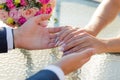 Picture of man and woman with wedding ring.Young married couple holding hands, ceremony wedding day. Newly wed couple`s hands wit