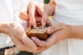 Picture of man and woman with wedding ring.Young married couple holding hands, ceremony wedding day. Newly wed Royalty Free Stock Photo