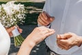 Picture of man and woman with wedding ring.Young married couple holding hands, ceremony wedding day. Newly wed Royalty Free Stock Photo