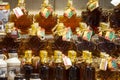 Maple Syrup bottles for sale on Montreal Jean Talon market. Quebec is the highest producer of Maple syrup in the world