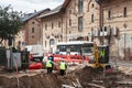 RIGA, LATVIA - AUGUST 26, 2023: Selective blur on workers, men at work, digging a trench in a street of Riga during a road