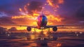 Picture the mesmerizing scene as a beautiful colorful airplane prepares to take off against the backdrop of a picturesque sunset