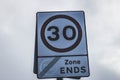 30 mile road sign and zone ends