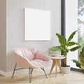 Picture mockup on light wall above modern pink armchair and plants. Modern minimalistic Scandinavian style interior design. Poste Royalty Free Stock Photo