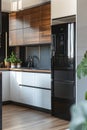 A picture of a modern kitchen featuring a black refrigerator and white cabinets Royalty Free Stock Photo