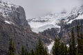 A picture of the mountain glaciers on the peaks surrounding Moraine lake.