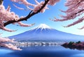 a picture of a mountain with sakura flowers blooming on foreground Royalty Free Stock Photo
