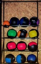 Multi-colored crossfit balls on a wooden  background Royalty Free Stock Photo