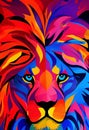 A picture of a multi-colored muzzle of a lion. Close-up. Warm and cold shades. AI-generated