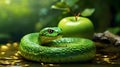a nasty green snake with a green apple at a green and gold background