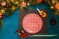 Picture of New Year branches of fir, black board, sushi sticks, prediction cookies Royalty Free Stock Photo