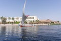 Picture of Nile river with a felucca sailing boat from Nile cruise ship. Royalty Free Stock Photo