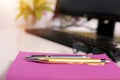 Picture of notebook, pen, glasses, keyboard and computer Royalty Free Stock Photo