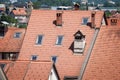 Close up on a recently renovated roof of Central Europe, on an old residential house building, with brand new roof windows