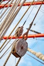 Picture of old sailing ship wooden pulley. Royalty Free Stock Photo