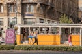 Young and old people boarding a tram in the city center of Budapest, Hungarian capital city. Royalty Free Stock Photo