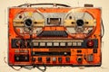 A picture of an orange tape recorder with two reels. Generative AI image.