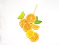 the picture of the oranges. summer fresh orange with a straw, mint leaf and lime Royalty Free Stock Photo