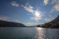 Panorama over ossiacher see lake in summer, at sunset. Ossiachersee, or Ossiach lake, is an alpine see near Villach, in Carinthia,