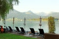 Outdoor courtyard of resort on the shore of Lake St. Wolfgang, Austria