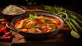 Picture of Panang curry, is a type of thick Thai curry that emphasizes salty and sweet flavors, generative ai