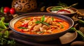 Picture of Panang curry, is a type of thick Thai curry that emphasizes salty and sweet flavors, generative ai