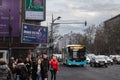 BUCHAREST, ROMANIA - MARCH 16, 2023: Selective blur of the Bulevardul Lascar Catargiu with a bucharest bus of stb in Bucharest