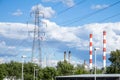 Industrial landscape of Eastern Europe, with transmission towers, pylons, power towers, factories and chimneys Royalty Free Stock Photo