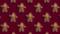 Pattern of Santa Claus cookies on dark red background