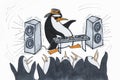 A picture of a penguin dancing to the loud music