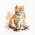 Cute red kitten sitting on a white background. Watercolor painting