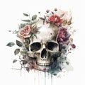 Skull with floral bouquet on white background. Vector illustration