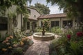 picture-perfect exterior, with lush greenery, blooming flowers and water feature