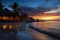 Picture-perfect Maldives beach panorama, luxury resort, sunset, and azure sea