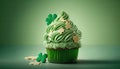 St. Patrick\'s day cupcake on green with three-leaved shamrocks (four leaf clove) on top generative AI
