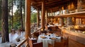 Luxurious Wooden Restaurant with Panoramic Forest View Romantic Dinner Setting AI generated. Royalty Free Stock Photo